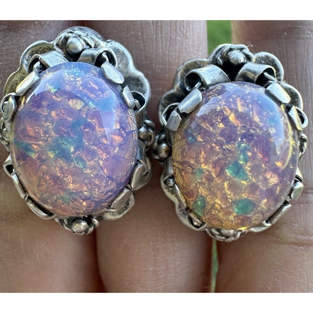 VTG Taxco Mexico sterling silver and faux foil opal earrings - Picture 5 of 11